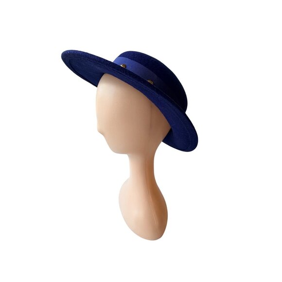 Vintage 1960s Navy Wool Wide Brim Hat with Ribbon & Gold Stud Trim Elegant - Picture 3 of 9